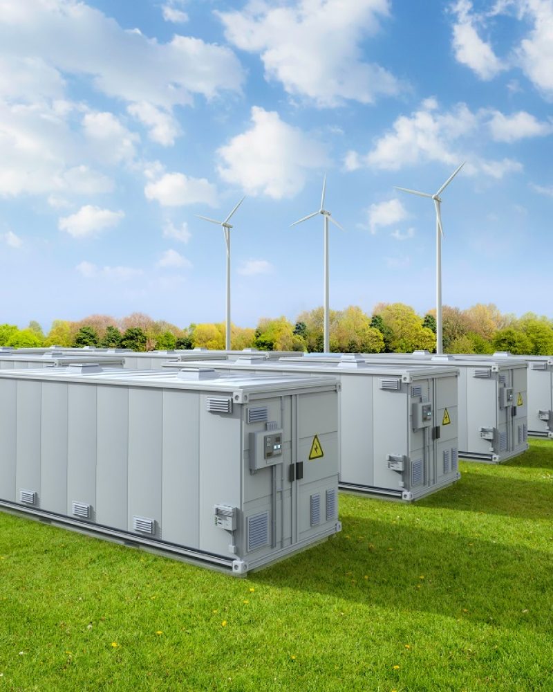 Amount of energy storage systems or battery container units with 3d rendering amount of energy storage systems or battery container units with solar and turbine farm